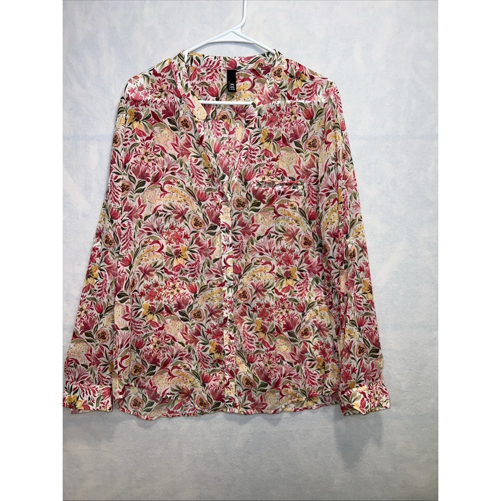 KUT From The Kloth Button Up Top‎ Size XL Red Yellow Floral Roll Tab Sleeve